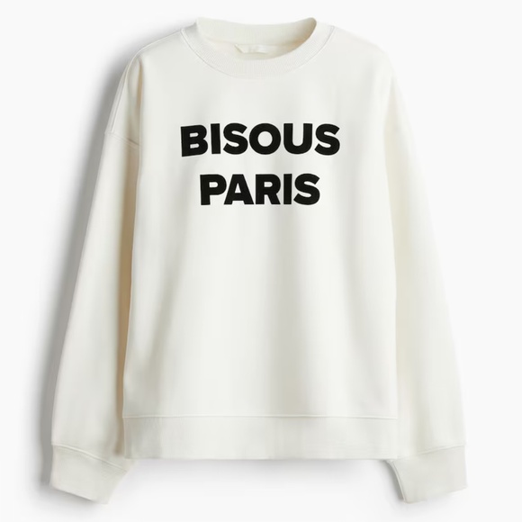 H&M Bisous Paris Cream Crew Neck Text-Motif Sweatshirt - Picture 1 of 7